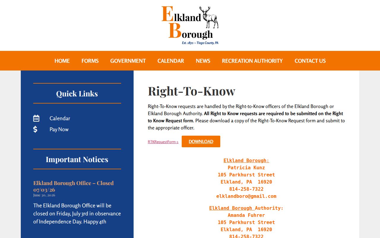 Tioga County Elkland public-records request form for police and booking records