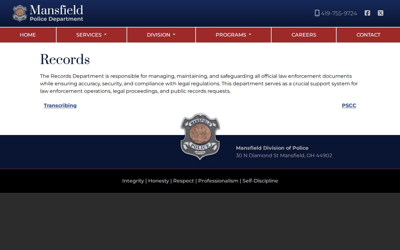 Mansfield Police Department records request information for Tioga County booking records